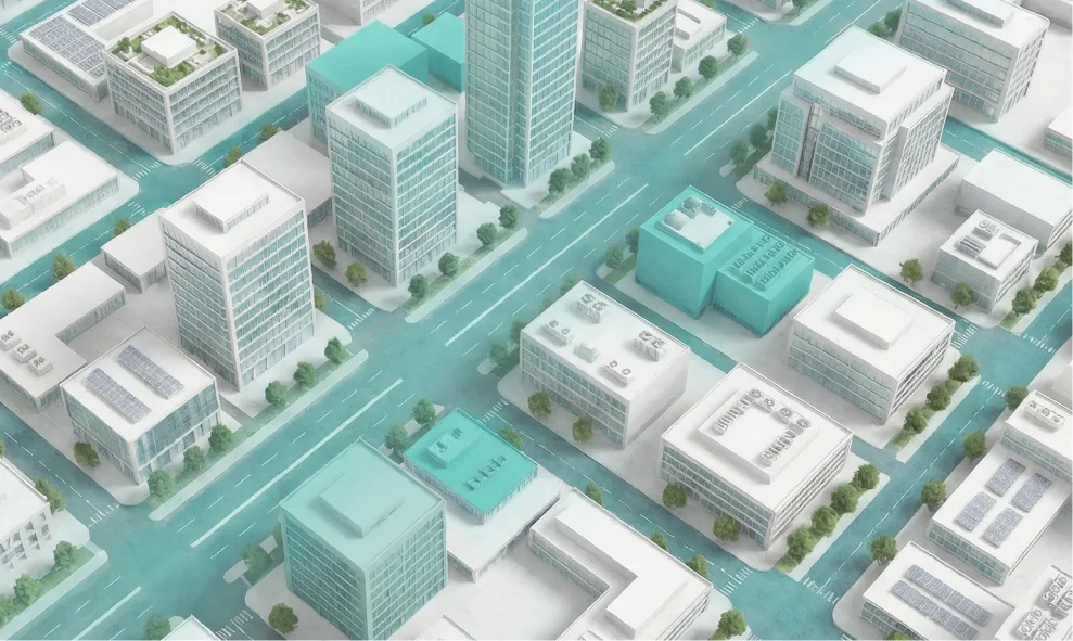 Il·lustració isomètrica d'un districte d'oficines